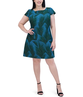 Vince Camuto Plus Size Metallic Quilted Geometric Jacquard Boat Neck Cap Sleeve Mini Shift Dress