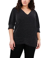 Vince Camuto Plus Size Metallic Ribbed Knit V-Neck Short Puff Sleeve Top