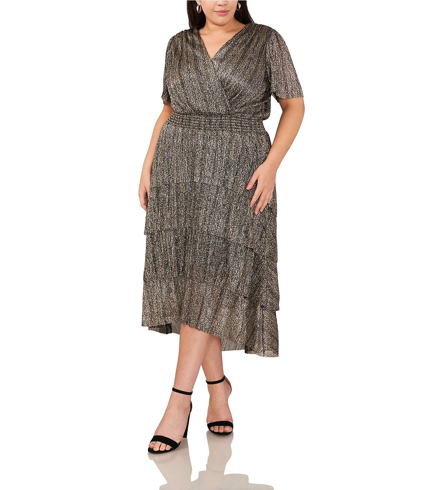 Vince Camuto Plus Size Metallic V-Neck Smocked Waist Tiered Midi A-Line Dress