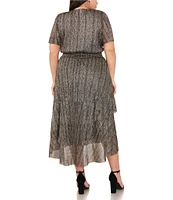 Vince Camuto Plus Size Metallic V-Neck Smocked Waist Tiered Midi A-Line Dress