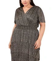 Vince Camuto Plus Size Metallic V-Neck Smocked Waist Tiered Midi A-Line Dress