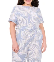 Vince Camuto Plus Size Tropical Palm Print Woven Crew Neck Short Sleeve Blouse
