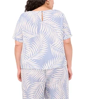 Vince Camuto Plus Size Tropical Palm Print Woven Crew Neck Short Sleeve Blouse