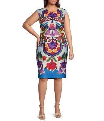 Vince Camuto Plus Size Printed Boat Neck Cap Sleeve Bodycon Dress