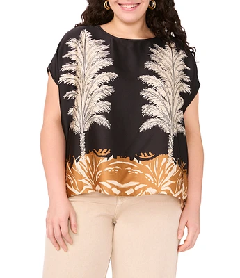 Vince Camuto Plus Size Coordinating Leaf Printed Crew Neck Short Sleeve Caftan Blouse