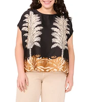 Vince Camuto Plus Size Coordinating Leaf Printed Crew Neck Short Sleeve Caftan Blouse