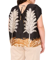 Vince Camuto Plus Size Coordinating Leaf Printed Crew Neck Short Sleeve Caftan Blouse