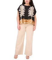 Vince Camuto Plus Size Coordinating Leaf Printed Crew Neck Short Sleeve Caftan Blouse