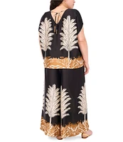 Vince Camuto Plus Size Coordinating Leaf Printed Crew Neck Short Sleeve Caftan Blouse