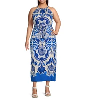 Vince Camuto Plus Size Printed Halter Neck Sleeveless Belted Maxi A-Line Dress