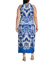 Vince Camuto Plus Size Printed Halter Neck Sleeveless Belted Maxi A-Line Dress
