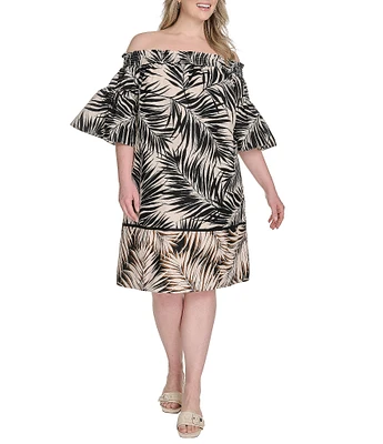Vince Camuto Plus Size Printed Poplin Off-The-Shoulder Short Sleeve Shift Dress