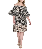Vince Camuto Plus Size Printed Poplin Off-The-Shoulder Short Sleeve Shift Dress
