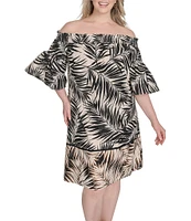 Vince Camuto Plus Size Printed Poplin Off-The-Shoulder Short Sleeve Shift Dress
