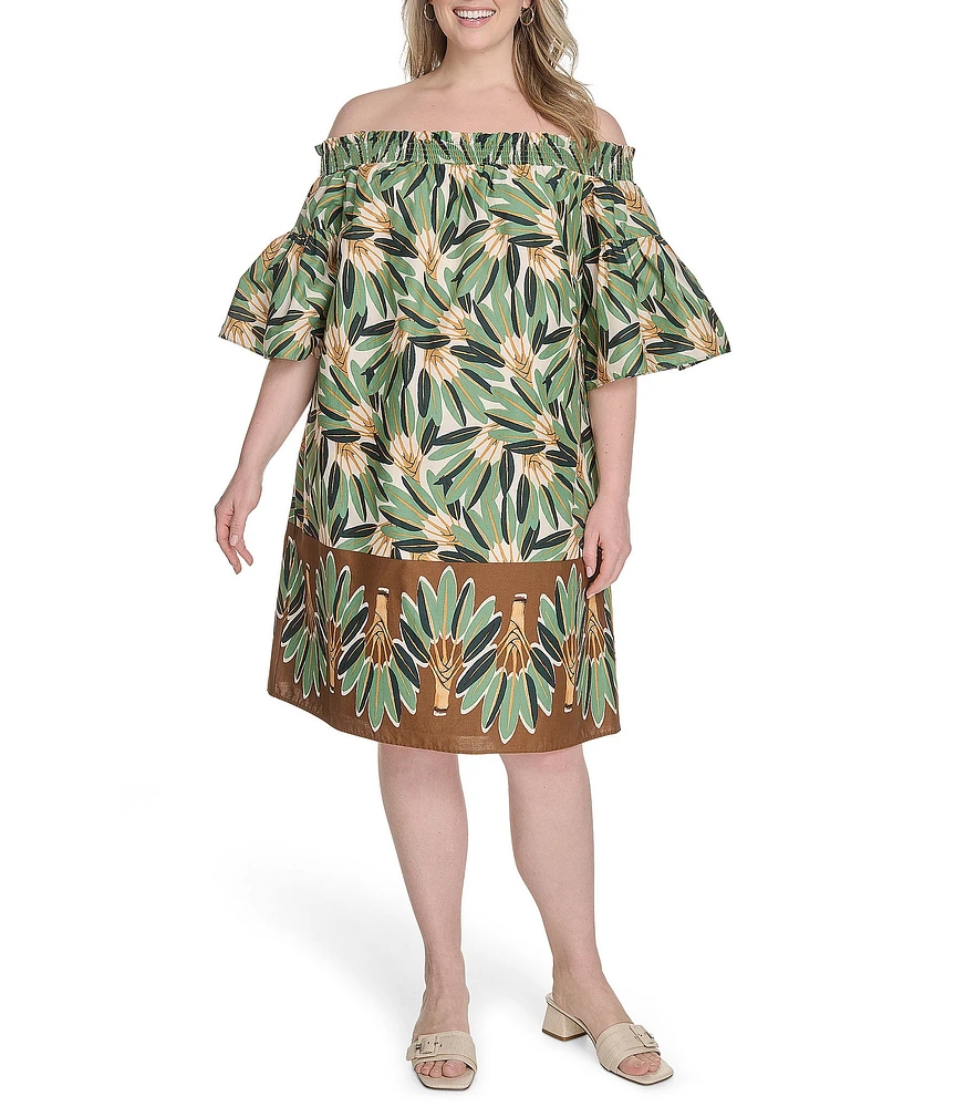 Vince Camuto Plus Size Printed Poplin Off-The-Shoulder Short Sleeve Shift Dress