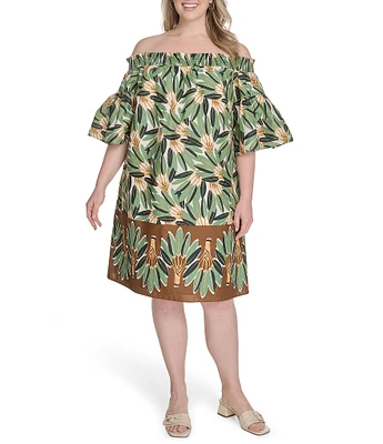 Vince Camuto Plus Size Printed Poplin Off-The-Shoulder Short Sleeve Shift Dress