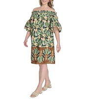 Vince Camuto Plus Size Printed Poplin Off-The-Shoulder Short Sleeve Shift Dress
