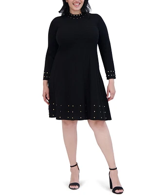 Vince Camuto Plus Size Ribbed Knit Grommet Mock Neck Long Sleeve Fit-and-Flare Flounce Above the Knee Dress