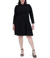 Vince Camuto Plus Size Ribbed Knit Grommet Mock Neck Long Sleeve Fit-and-Flare Flounce Above the Knee Dress