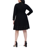 Vince Camuto Plus Size Ribbed Knit Grommet Mock Neck Long Sleeve Fit-and-Flare Flounce Above the Knee Dress