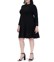 Vince Camuto Plus Size Ribbed Knit Grommet Mock Neck Long Sleeve Fit-and-Flare Flounce Above the Knee Dress