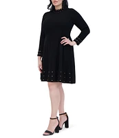 Vince Camuto Plus Size Ribbed Knit Grommet Mock Neck Long Sleeve Fit-and-Flare Flounce Above the Knee Dress