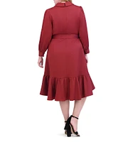 Vince Camuto Plus Size Satin Split V-Neck Long Sleeve Faux Wrap Hi-Low Shirttail Dress