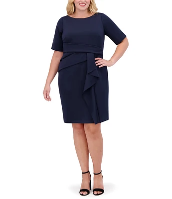 Vince Camuto Plus Size Scuba Knit Boat Neck Short Sleeve Cascading Ruffled Waist Sheath Dress