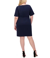 Vince Camuto Plus Size Scuba Knit Boat Neck Short Sleeve Cascading Ruffled Waist Sheath Dress