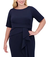 Vince Camuto Plus Size Scuba Knit Boat Neck Short Sleeve Cascading Ruffled Waist Sheath Dress