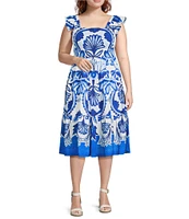 Vince Camuto Plus Size Smocked Square Neck Sleeveless Printed Fit And Flare Midi Dress