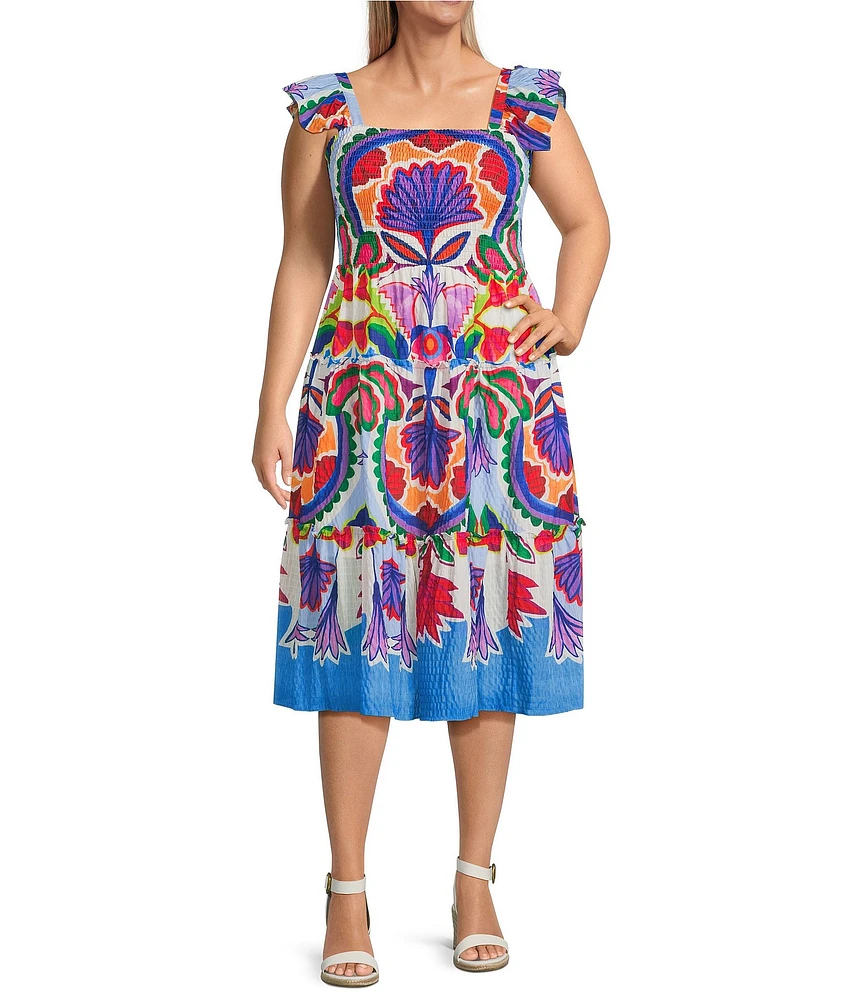 Vince Camuto Plus Size Smocked Square Neck Sleeveless Printed Fit And Flare Midi Dress