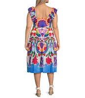 Vince Camuto Plus Size Smocked Square Neck Sleeveless Printed Fit And Flare Midi Dress