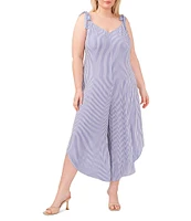 Vince Camuto Plus Size Striped Print V-Neck Sleeveless Tie Shoulder Asymmetrical Hem Jumpsuit