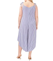 Vince Camuto Plus Size Striped Print V-Neck Sleeveless Tie Shoulder Asymmetrical Hem Jumpsuit