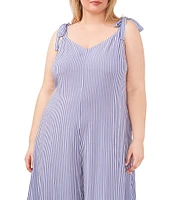 Vince Camuto Plus Size Striped Print V-Neck Sleeveless Tie Shoulder Asymmetrical Hem Jumpsuit