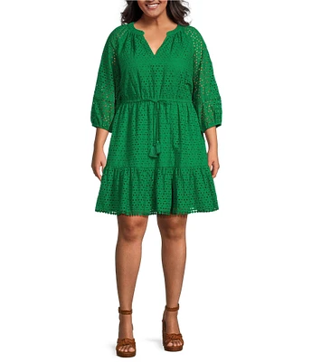 Vince Camuto Plus Size V-Neck 3/4 Sleeve Cinched Tassel Tie Waist Pocketed Fit and Flare Dress