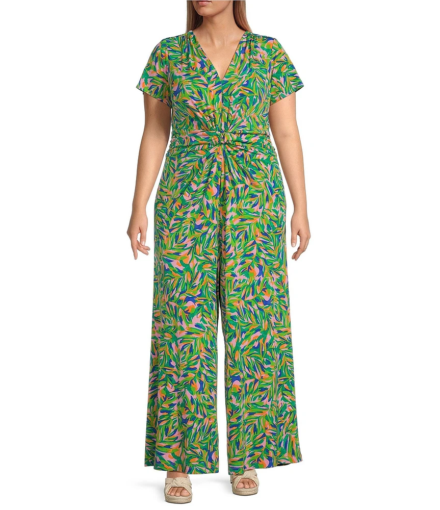 Vince Camuto Plus Size V-Neck Cap Sleeve Floral Print Jumpsuit