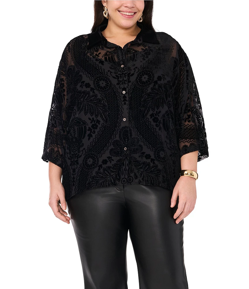 Vince Camuto Plus Size Velvet Paisley Floral Print Collared 3/4 Sleeve Button Down Top