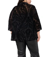 Vince Camuto Plus Size Velvet Paisley Floral Print Collared 3/4 Sleeve Button Down Top