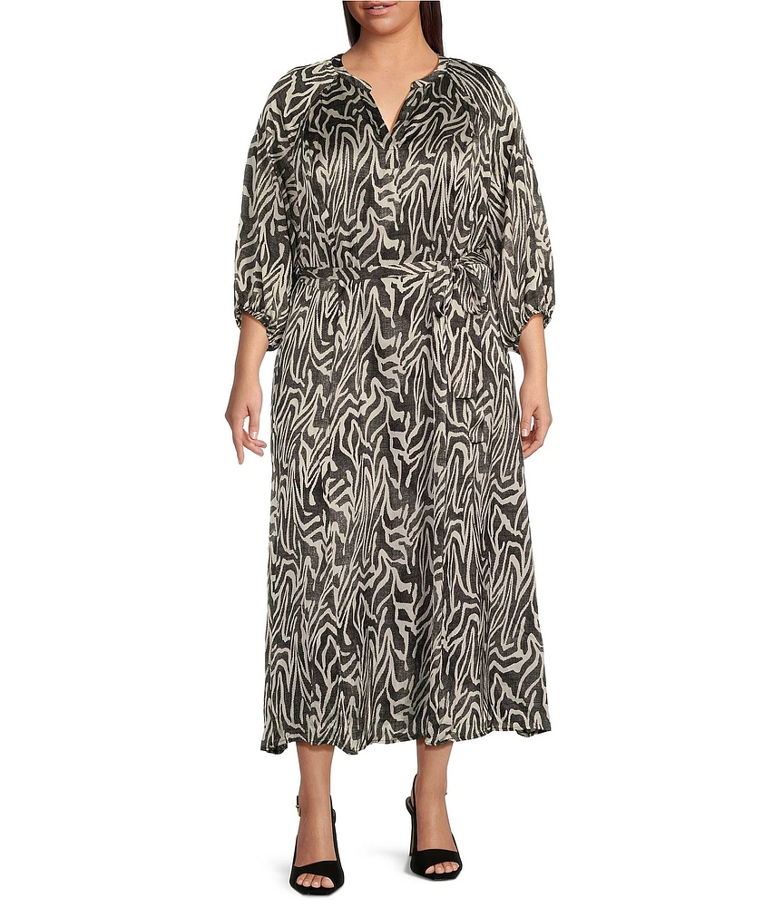 Vince Camuto Plus Size Wild Zebra Print Satin Yoryu V-Neck 3/4 Sleeve Belted A-Line Midi Dress