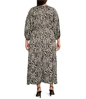 Vince Camuto Plus Size Wild Zebra Print Satin Yoryu V-Neck 3/4 Sleeve Belted A-Line Midi Dress