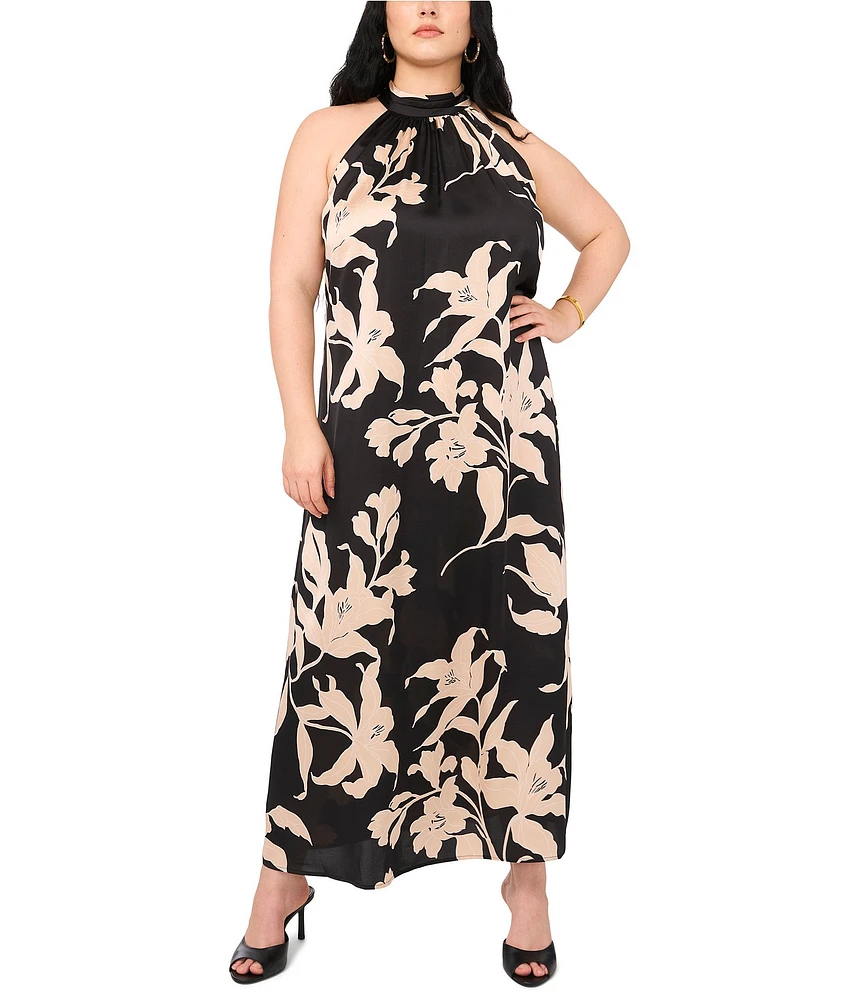 Vince Camuto Plus Size Woven Floral Print Halter Mock Neck Sleeveless Maxi Dress