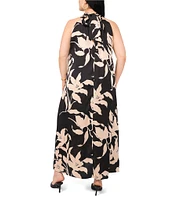 Vince Camuto Plus Size Woven Floral Print Halter Mock Neck Sleeveless Maxi Dress