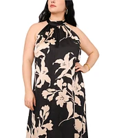 Vince Camuto Plus Size Woven Floral Print Halter Mock Neck Sleeveless Maxi Dress