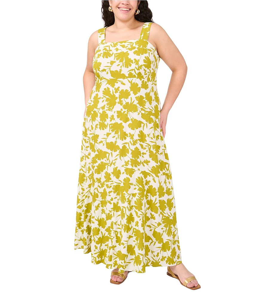 Vince Camuto Plus Size Woven Floral Print Square Neck Sleeveless Shift Maxi Dress