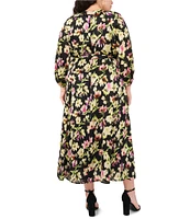Vince Camuto Plus Size Woven Floral Print V-Neck 3/4 Sleeve Belted Maxi Dress