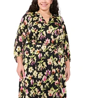 Vince Camuto Plus Size Woven Floral Print V-Neck 3/4 Sleeve Belted Maxi Dress