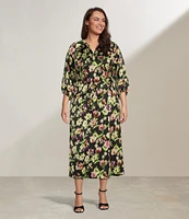 Vince Camuto Plus Size Woven Floral Print V-Neck 3/4 Sleeve Belted Maxi Dress