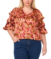 Vince Camuto Plus Size Woven Floral Print V-Neck Short Ruffle Sleeve Blouse